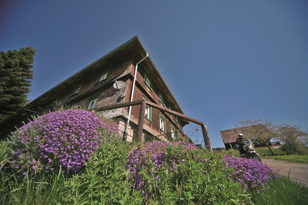 Altes Holzhaus mit tief gezogenem Dach, davor lila Blumen und ein Motorrad Altes Holzhaus mit tief gezogenem Dach, davor lila Blumen und ein Motorrad